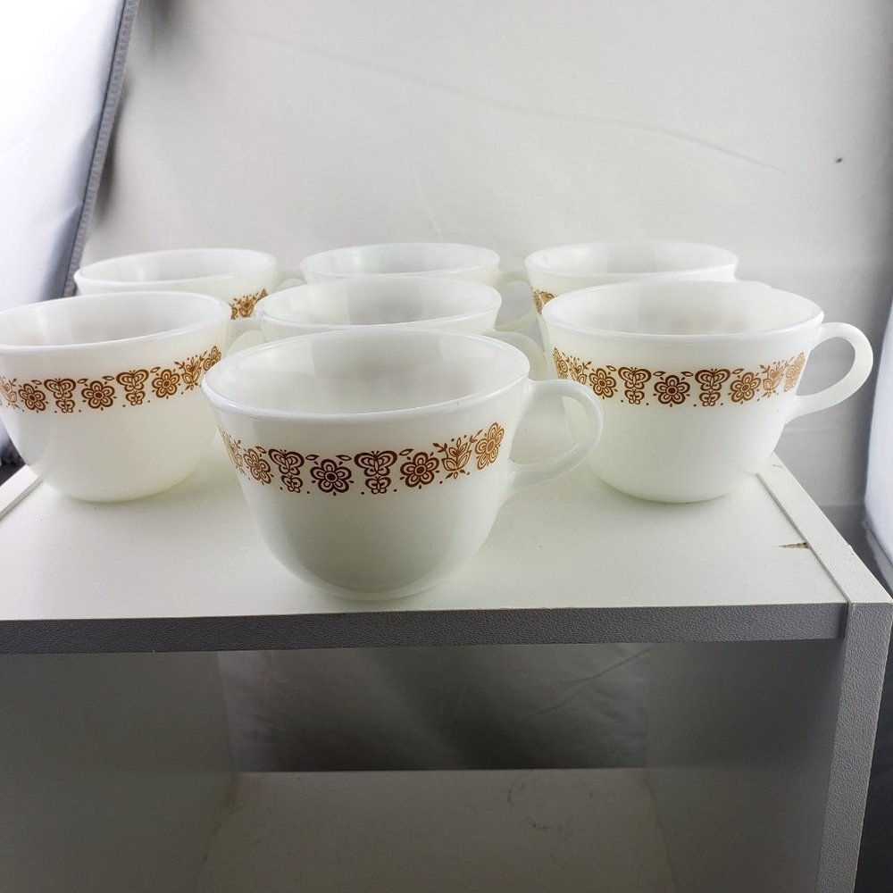 Set of Seven Pyrex Butterfly Gold Milk Glass Mugs Retro 1970s